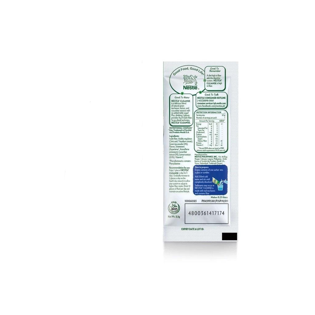 Nestea Cleanse individual sachet showing 4.5g fiber content for digestive health