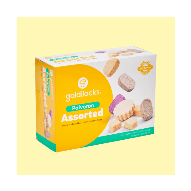 Box of goldilocks Polvoron assorted cookies on a yellow background