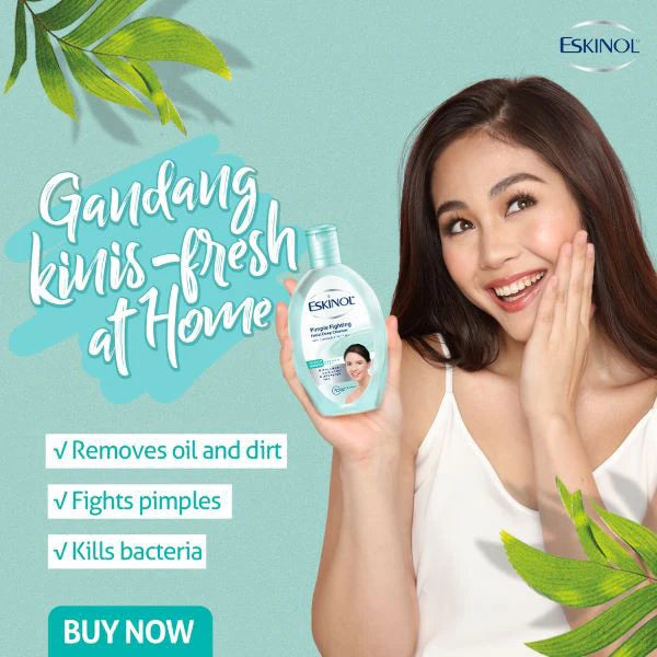 Woman holding Eskinol skincare product with promotional text on a light blue background