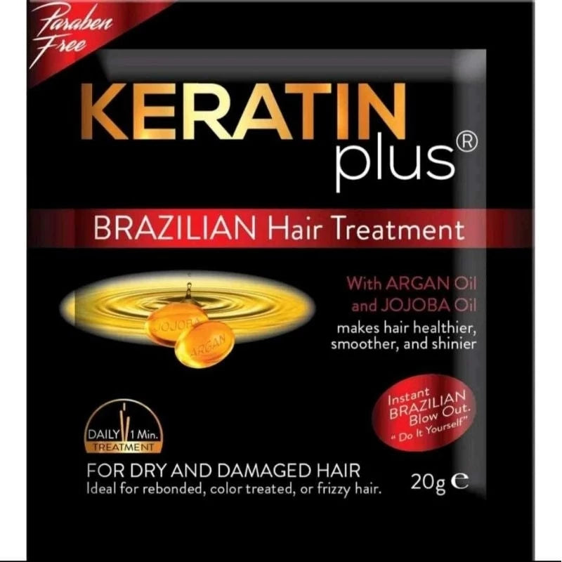 Keratin Plus Brazilian Hair Treatment packaging with text and oil droplet illustration on a black background.