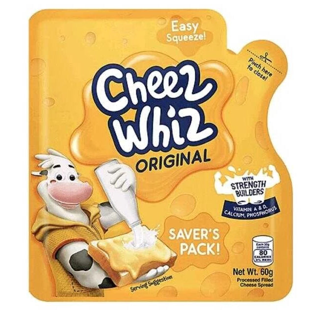 Cheez Whiz Original packaging with a cartoon cow character on a white background