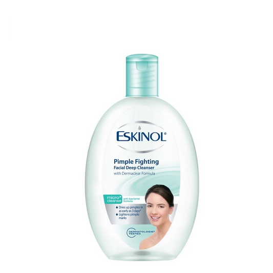 Bottle of Eskinol Pimple Fighting Facial Deep Cleanser with Dermaclear Formula and Tea Tree Oil for acne-prone skin.