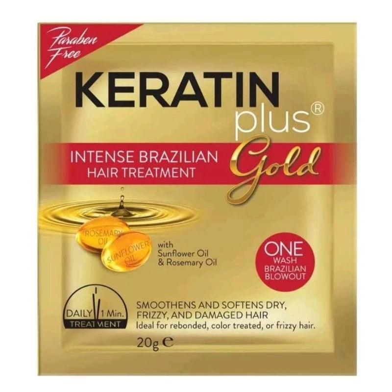 Keratin Plus Gold Intense Brazilian Hair Treatment package on a white background