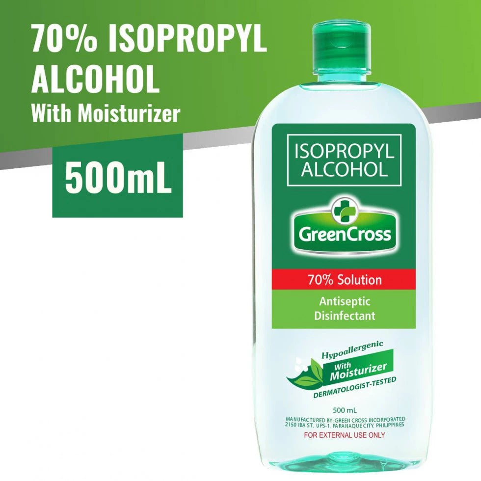 Green Cross 70% Isopropyl Alcohol with Moisturizer in 500ml bottle for antiseptic and disinfectant use