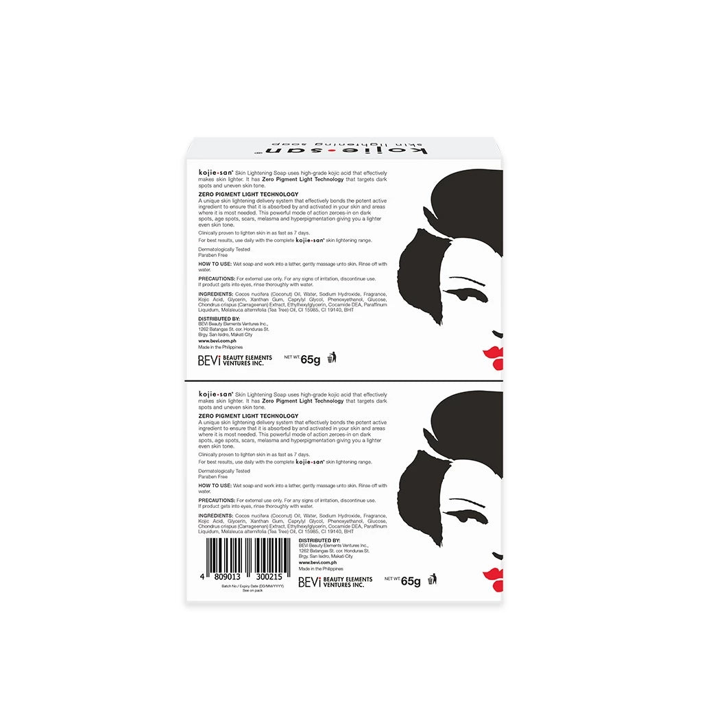 Back packaging of Kojie San Skin Lightening Soap 65g Twin Pack showing ingredients list, directions for use, and manufacturer details.