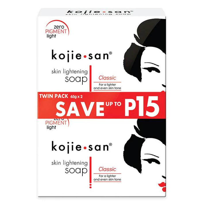 Two bars of authentic Kojie San Skin Lightening Soap 65g twin pack featuring Kojic Acid and Zero Pigment Light technology for skin brightening.