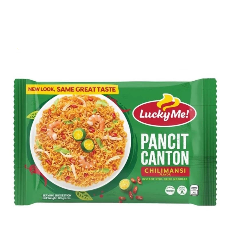 Lucky Me! Pancit Canton Chilimansi instant noodles packaging on a white background