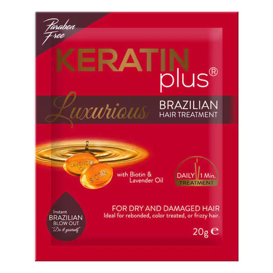 Keratin Plus Brazilian hair treatment packet on a white background
